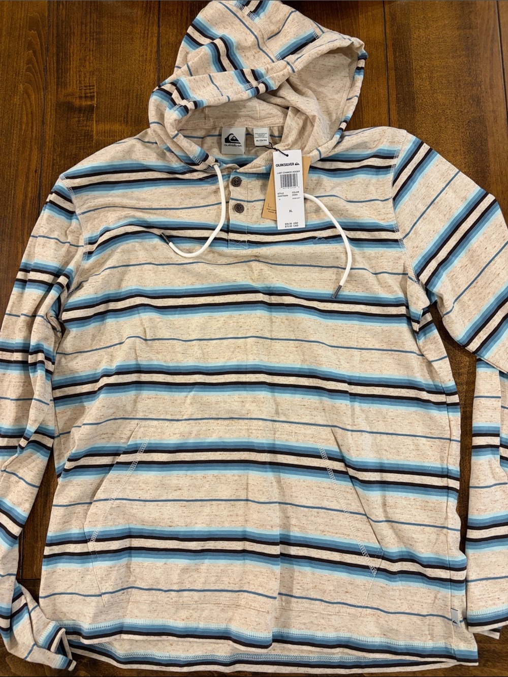 NWT Quiksilver Men’s Cream, Blue & Black Striped Hooded Pullover